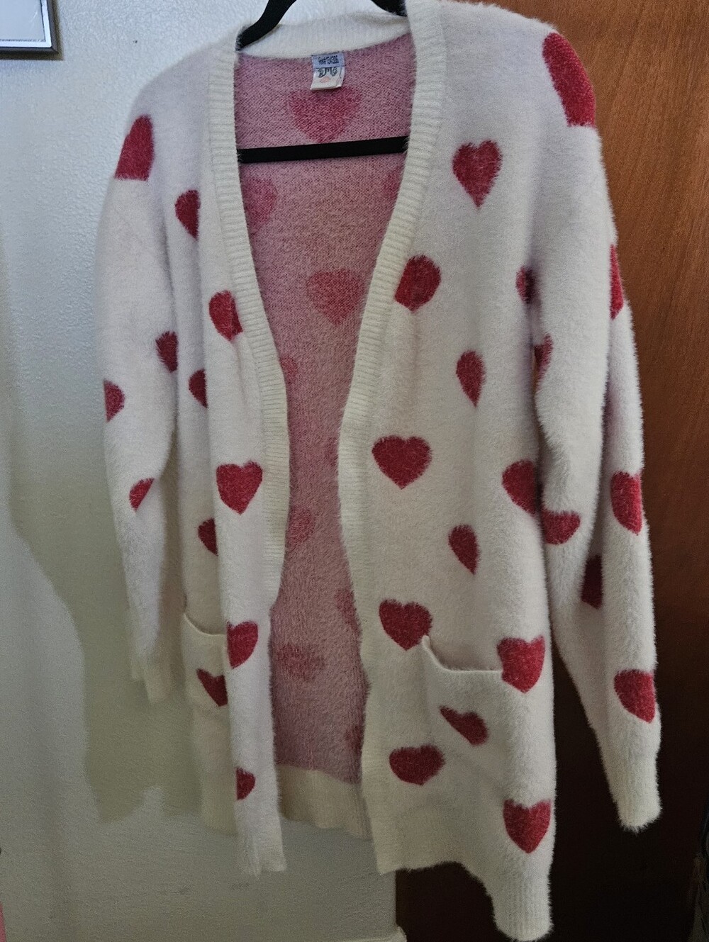 BMG Heart Print Fuzzy Knit Cardigan Cream Pink Coquette Size M Open Front